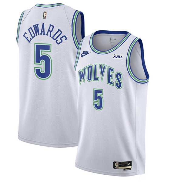 Mens Minnesota Timberwolves #5 Anthony Edwards White 2023-24 Classic Edition Stitched Jersey Dzhi